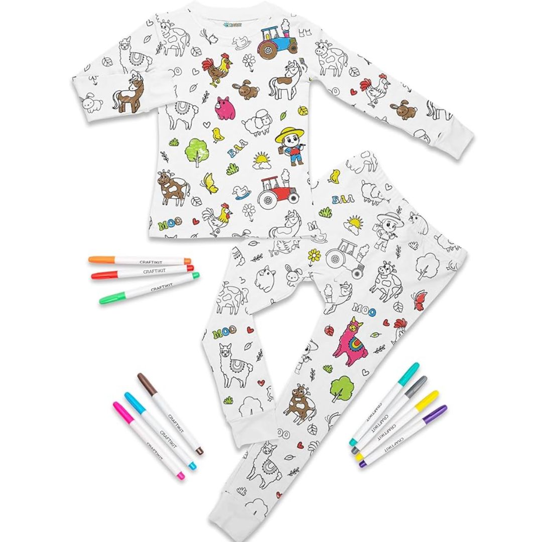 Magic Coloring Pajama Set – Top, Bottom & 12 Washable Markers for Kids