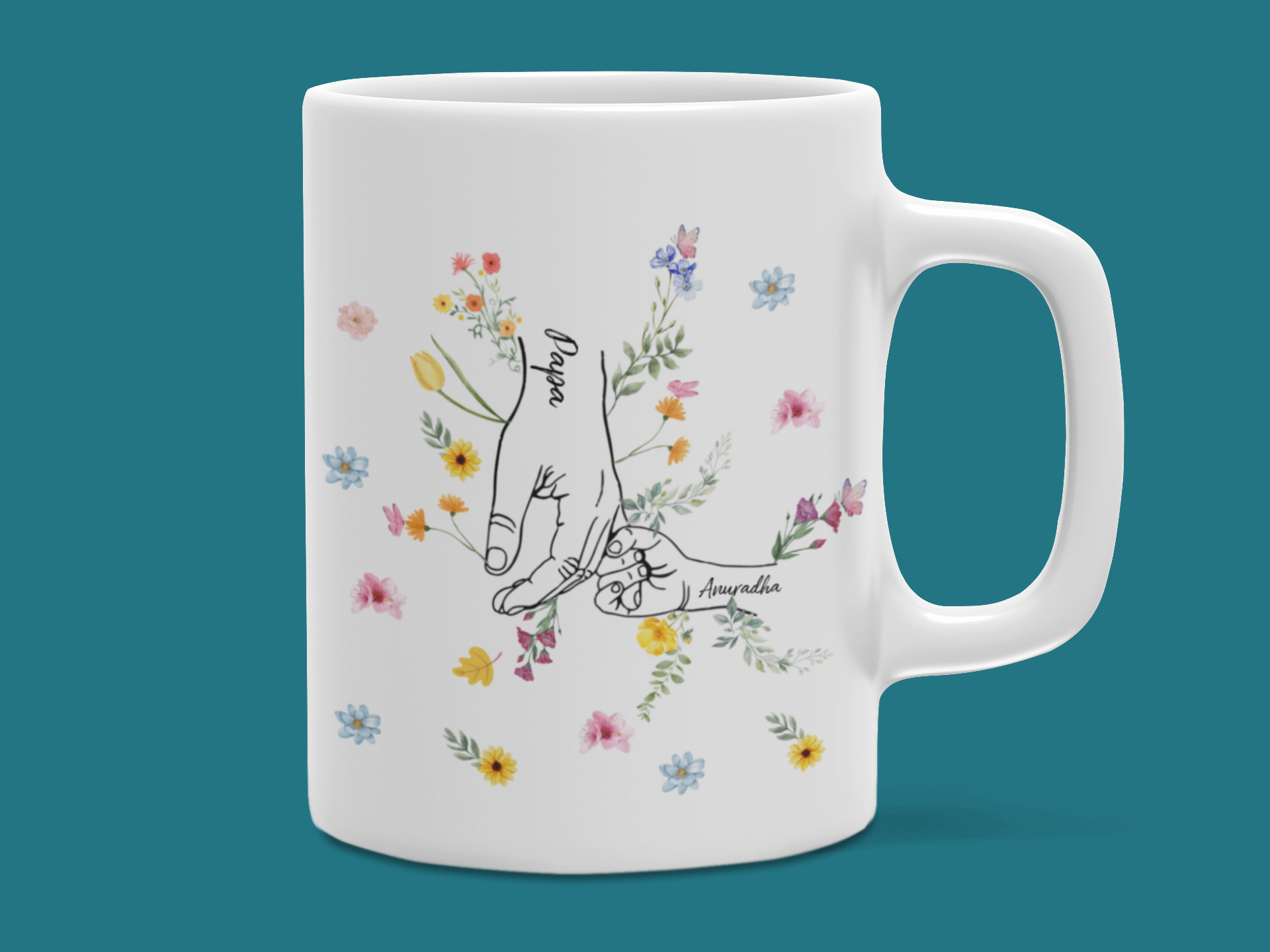 Holding Hands with flowers Custom Mom and Dad Mug Set